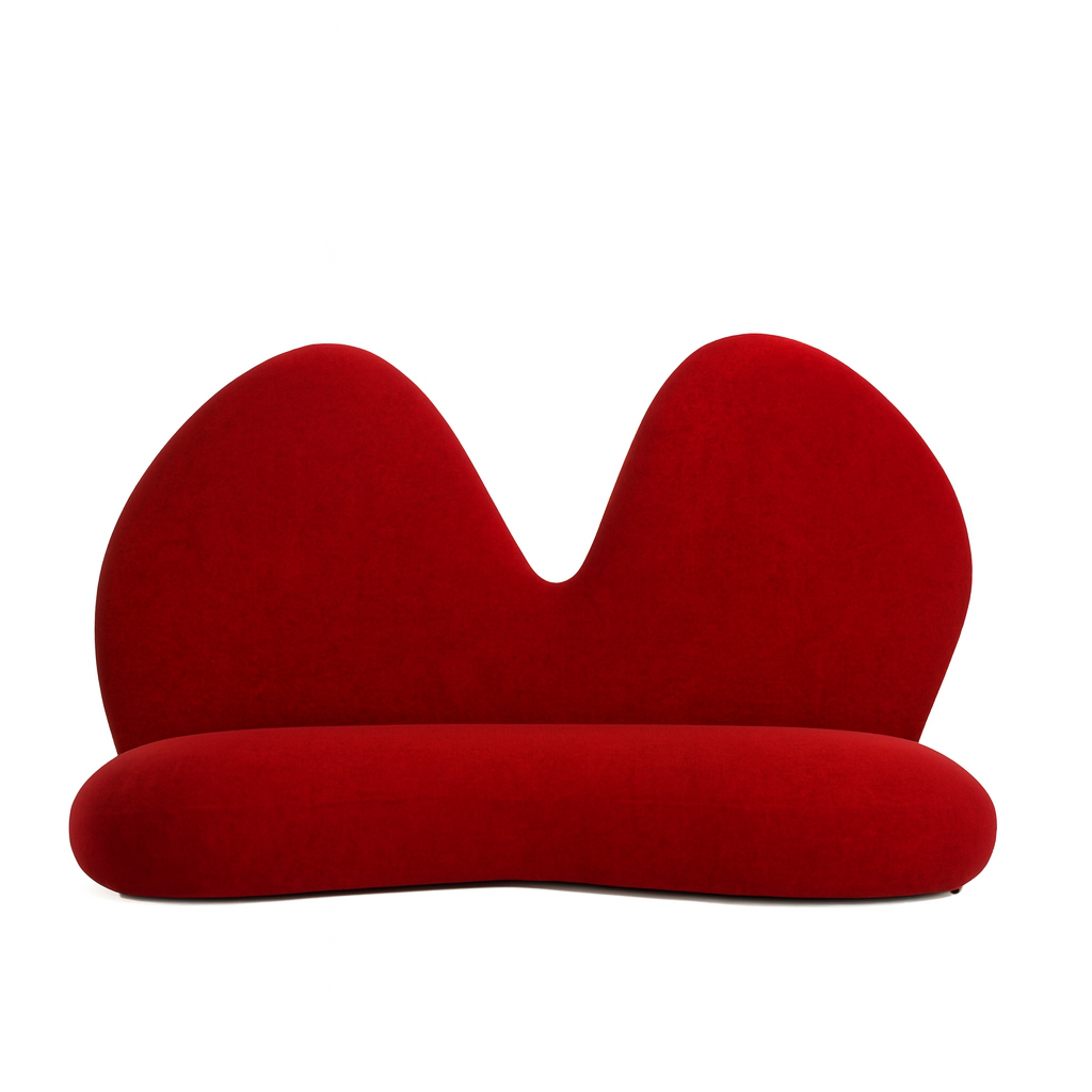 A modern, red upholstered chair with a unique, rounded back and seat, set against a white background.