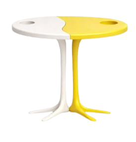 A table designed to look like a bird, with the top as the bird's body, one side white and the other yellow, and the legs and beak shaped like bird legs and a beak, in yellow and white colors.