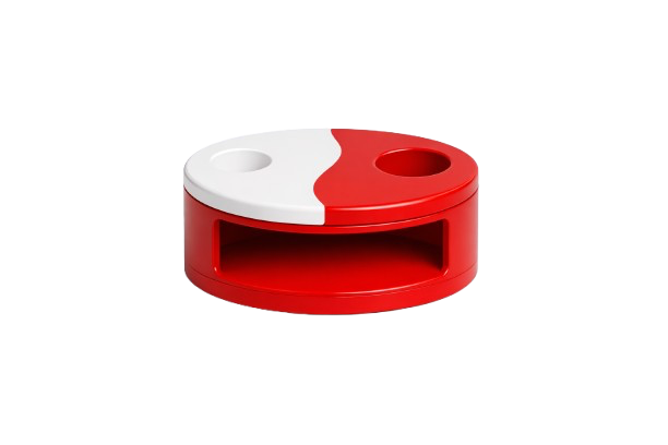A circular red and white toy with two holes and a hollow rectangular slot.