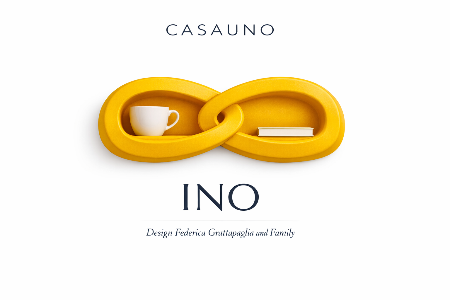 A yellow decorative sculpture of two interlocked oval shapes, one contains a white coffee cup and the other a white book, with the words 'CASAUNO' at the top and 'NO' at the bottom, designed by Federica Grattapaglia and family.