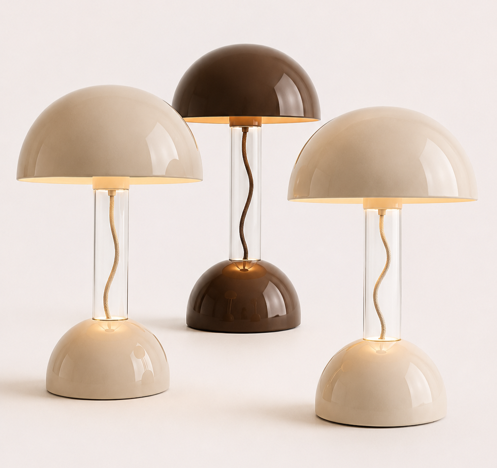 Three modern table lamps with semi-spherical shades, two in beige and one in dark brown, positioned on a plain white background.