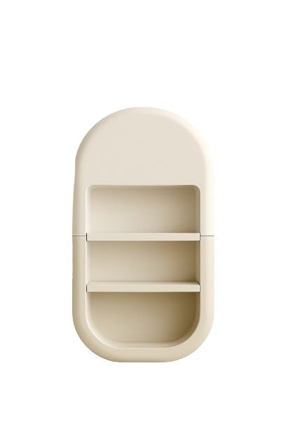 A white pill-shaped shelf with three compartments against a white background, with distorted black text above and below it.