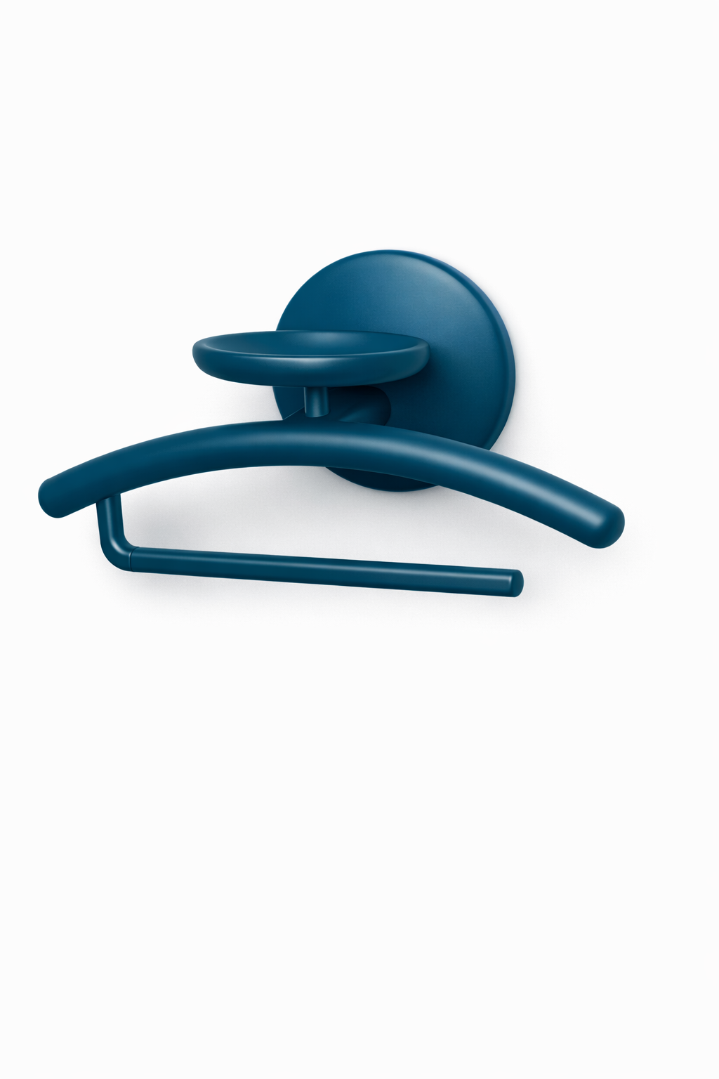 Blue wall hook with a curved arm on a white background.