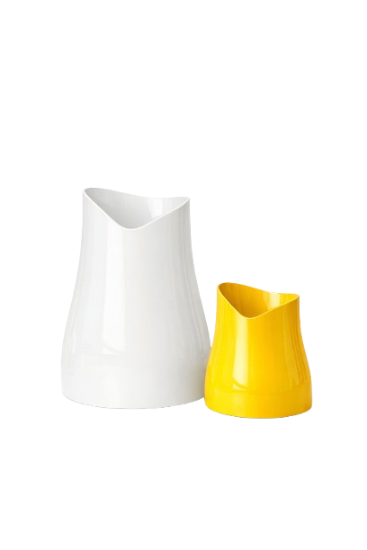 Two sleek, modern electric oil warmers, one white and one yellow, positioned in front of the words "Electric Oil Warmer" written in black, distorted text.
