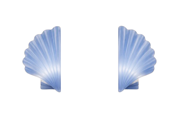 A symmetrical arrangement of two blue, shell-shaped objects with ridges, facing away from each other against a plain white background.
