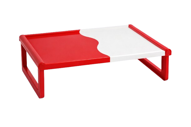 Small red and white rectangular table with rounded edges and a wavy division in the middle