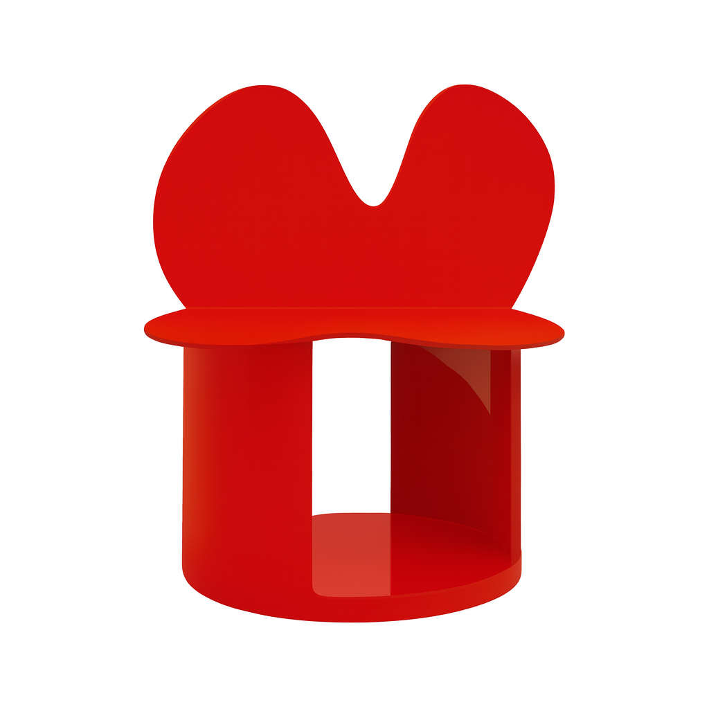 Red modern chair with a heart-shaped backrest and a cylindrical base.