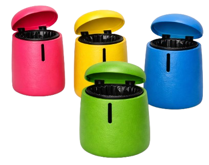 Four colorful pencil sharpeners in pink, yellow, blue, and green, with their lids open.