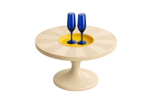 A table with two blue champagne glasses on top.