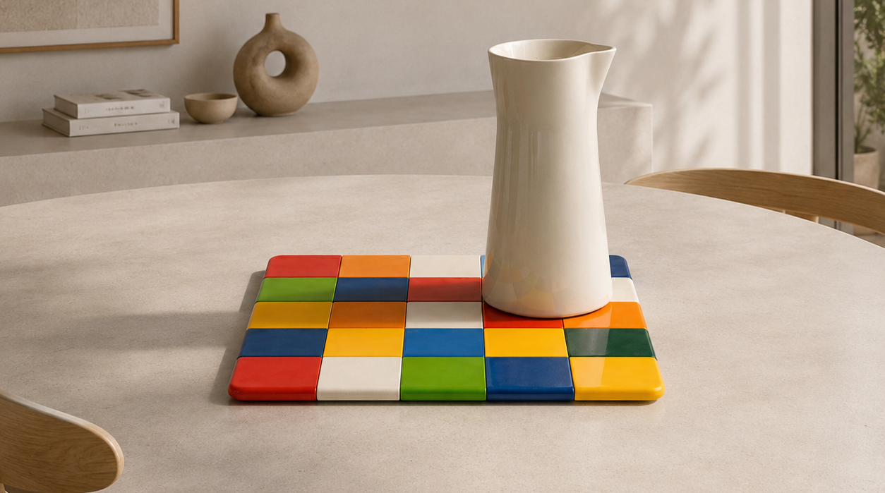 Colorful tile mosaic placemat with a white ceramic pitcher on a light-colored table.