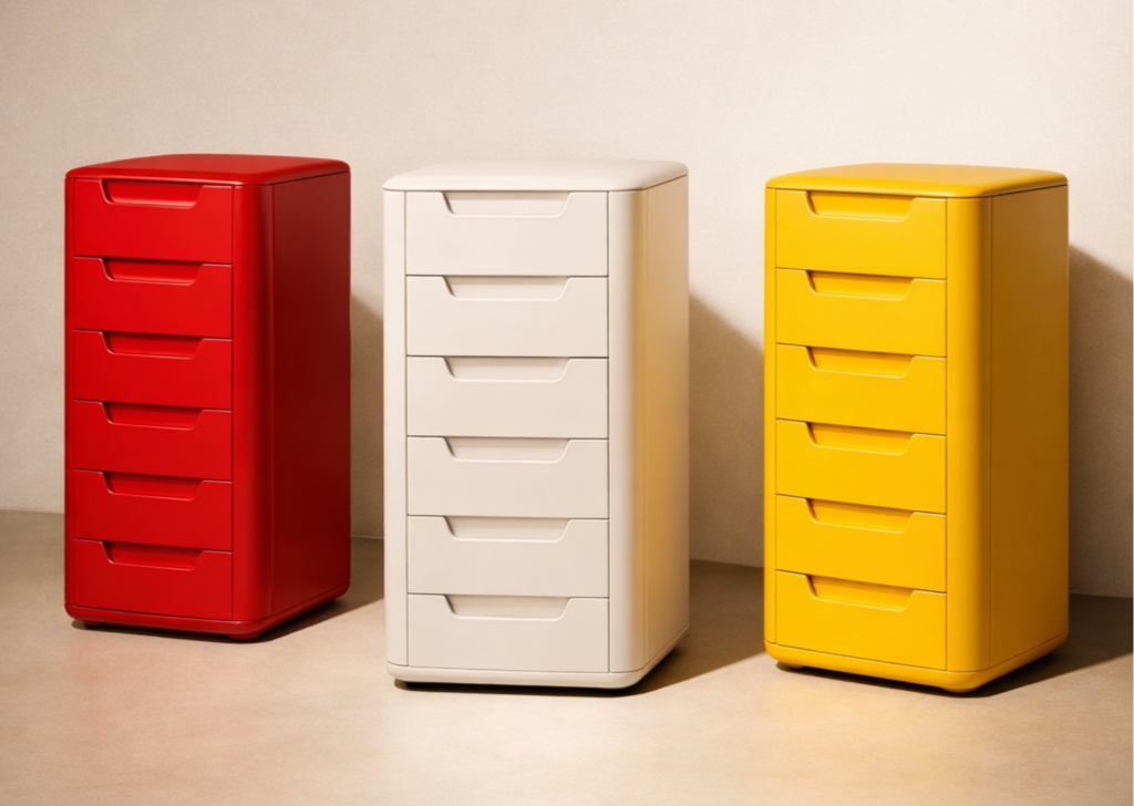 Three colorful plastic storage drawers in red, white, and yellow, standing side by side against a beige wall.