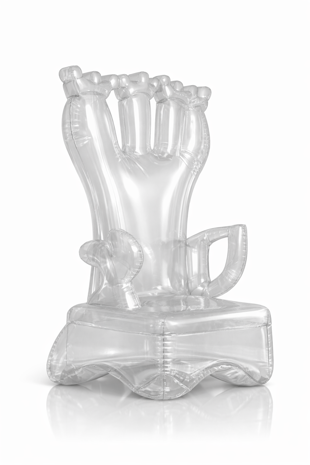 A transparent inflatable chair shaped like a raised fist.