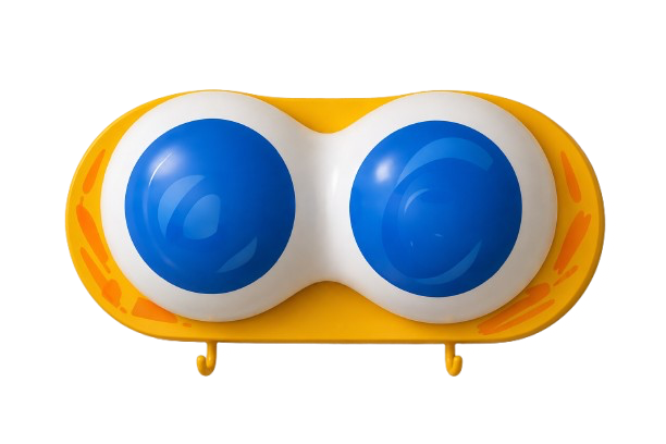 A yellow pool float shaped like a cartoon duck with a white face and large blue eyes.