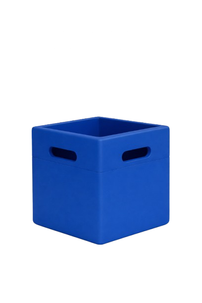 Blue fabric storage cube with cutout handles on sides