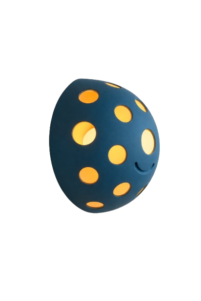 A blue inflatable ball with yellow holes and a small smiley face design.