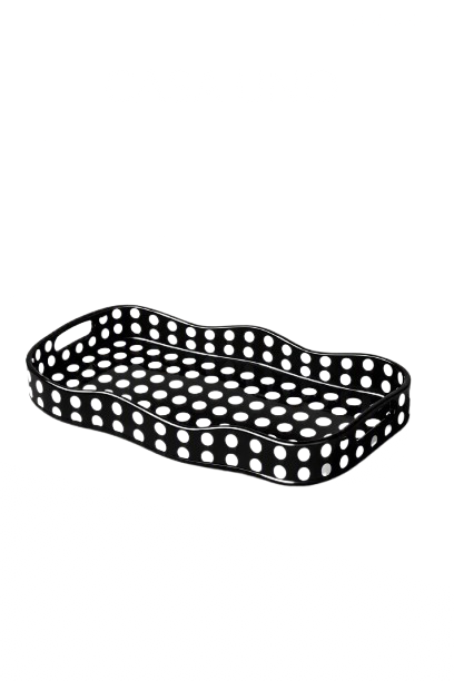 Black plastic basket with circular holes, oval shape, on a white background.