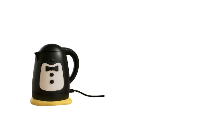 Black electric kettle with a tuxedo face design, including a bowtie and buttons, on a white base connected by a power cord, against a plain background.