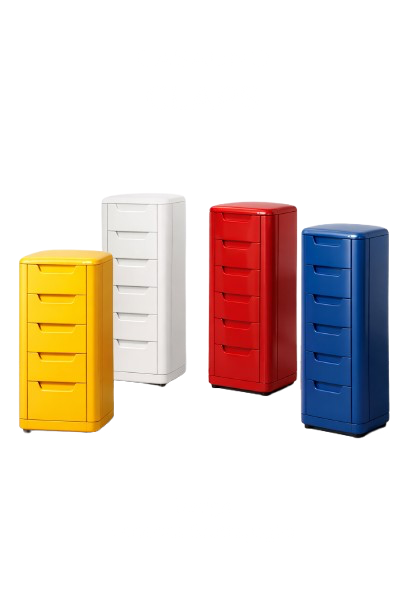 Four colorful filing cabinets in yellow, white, red, and blue, arranged in a row.
