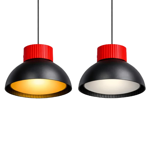 Two modern pendant lights with black shades and red accents, one emitting warm yellow light and the other off or emitting white light.