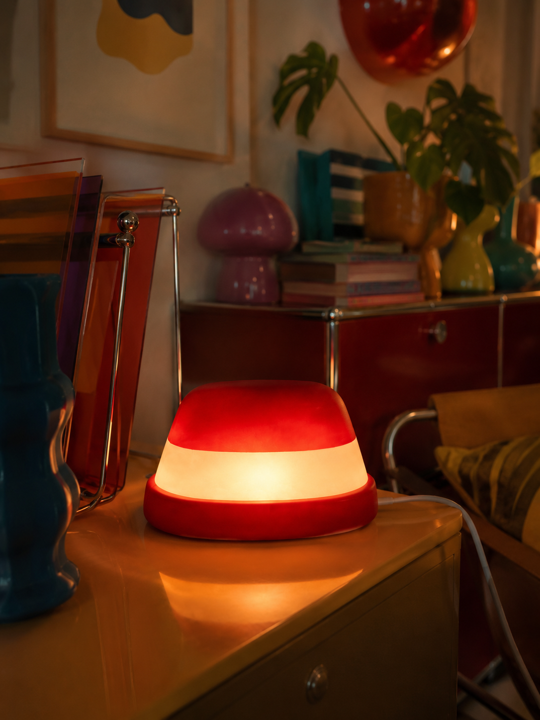 A glowing lamp with red and white stripes on a wooden surface in a cozy room with colorful vases, plants, and artwork in the background.