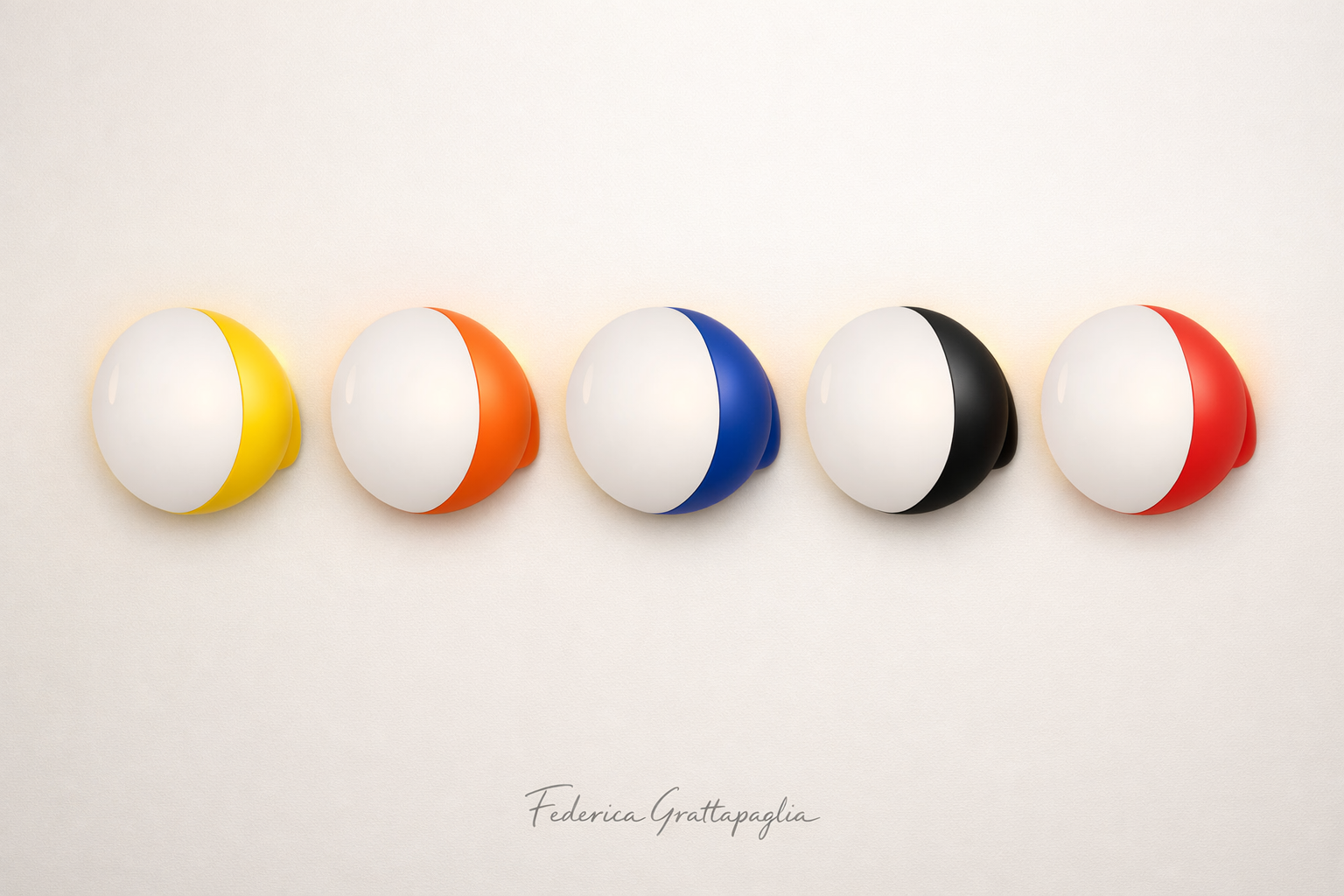 Five spherical objects with white tops and colorful sides in yellow, orange, blue, black, and red, arranged in a row on a light background with the text 'Federica Grattapaglia' beneath.