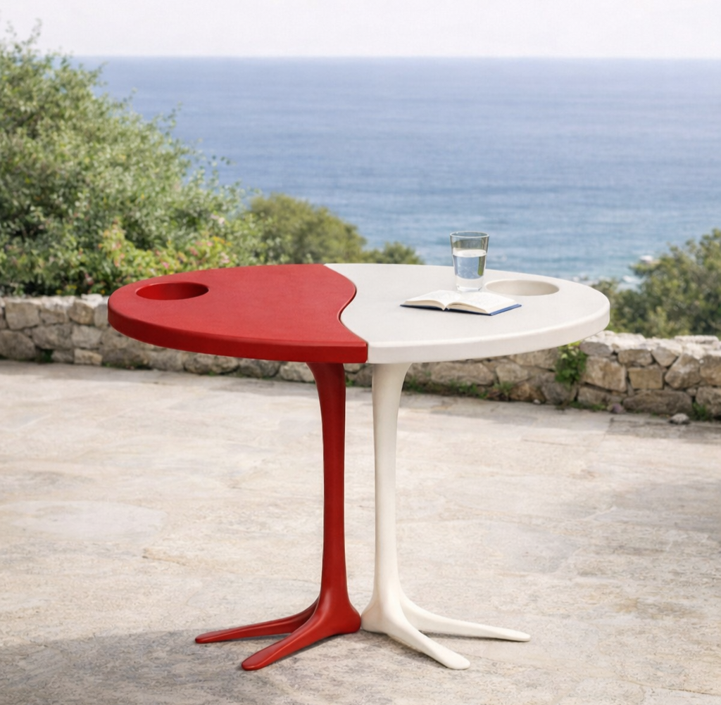 A modern two-tone split round table with red and white colors, featuring a drinking glass of water, an open book, and an empty circular holder, set outdoors with a view of the ocean and greenery in the background.