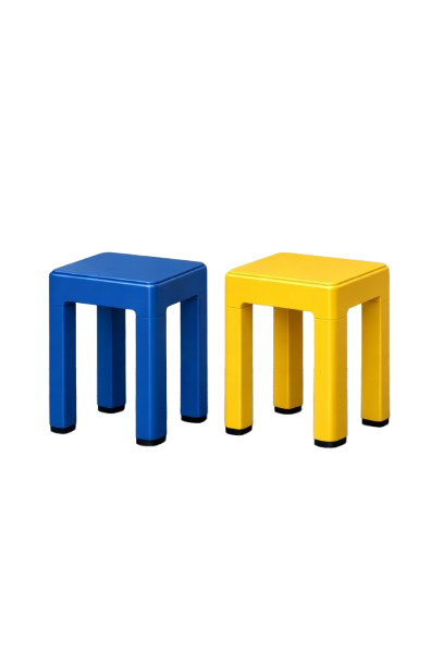 A blue and a yellow plastic stool underneath a white background with distorted black text.