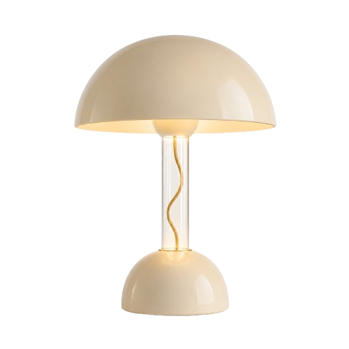 A cream-colored table lamp with a spherical base and a dome-shaped shade, with a twisted cord visible inside the transparent middle section.