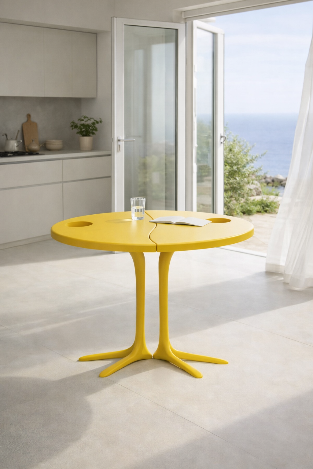 A yellow foldable table with a glass of water and an open book on it, in a bright room with open glass doors showing a view of the ocean and greenery outside.
