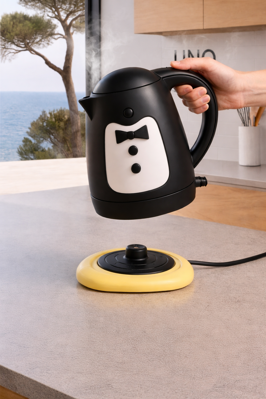 A penguin-shaped electric kettle with a tuxedo design is being lifted off a yellow base on a kitchen countertop.