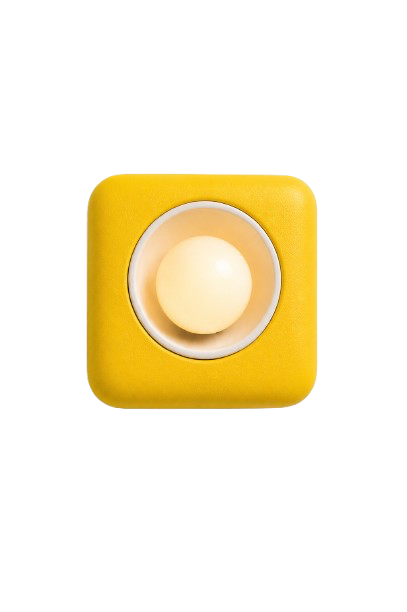 Yellow square device with a round, white button in the center.