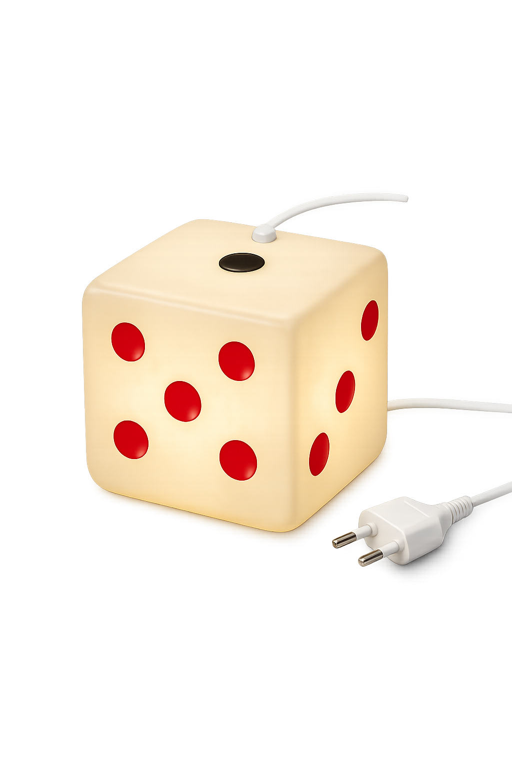 A nightlight shaped like a die with red dots, placed on a wooden surface, with a white power cord and plug beside it.