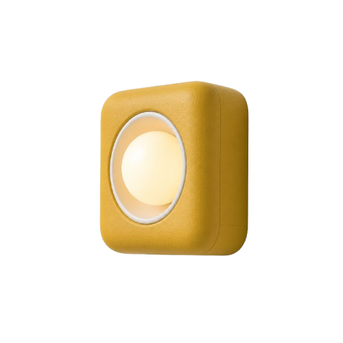 A wall-mounted light with a yellow square cover and a circular white light source.