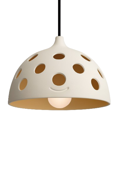 A white pendant lamp with circular holes hanging from a black cord, with text reading 'Cyphella' and additional partially visible words below.