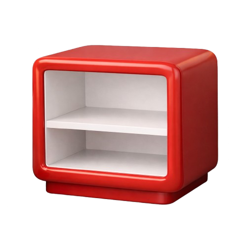 Red and white vintage-looking miniature refrigerator or display cabinet with one shelf inside.