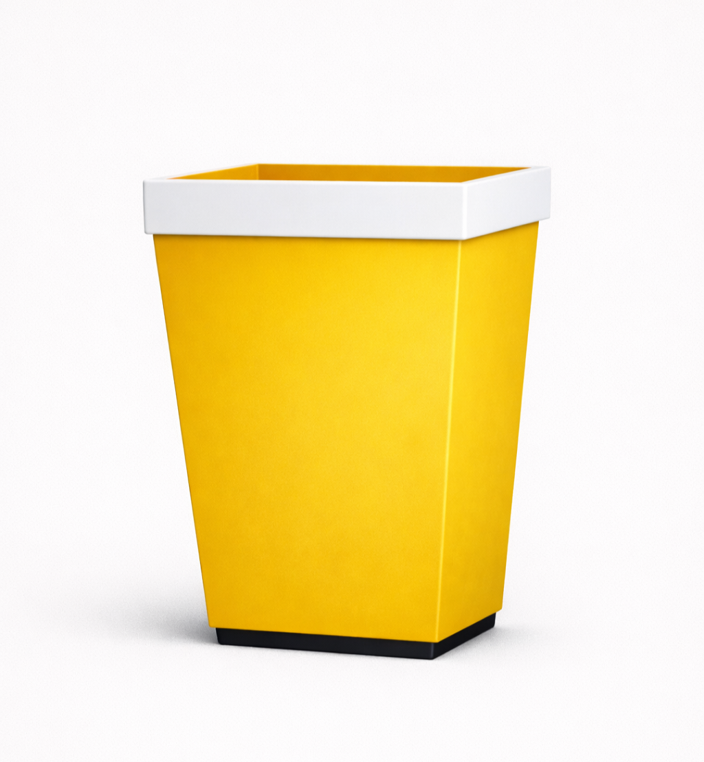 Yellow trash can with a white lid on a white background.
