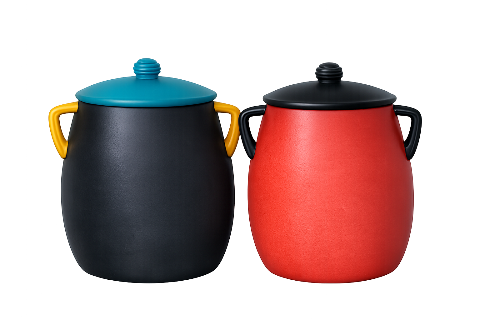 Two ceramic jars with lids, one black with yellow handles and a blue lid, the other red with black handles and a black lid.