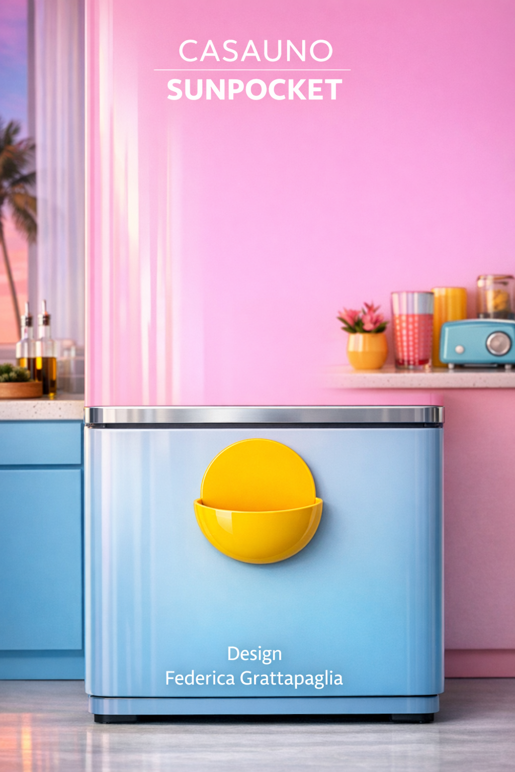A pastel-colored kitchen with a pink wall, a light blue mini fridge with a yellow curved door handle, and a white countertop with various small colorfully striped cups, a small potted plant, and a blue radio. The image has a sunset view with palm trees in the background.