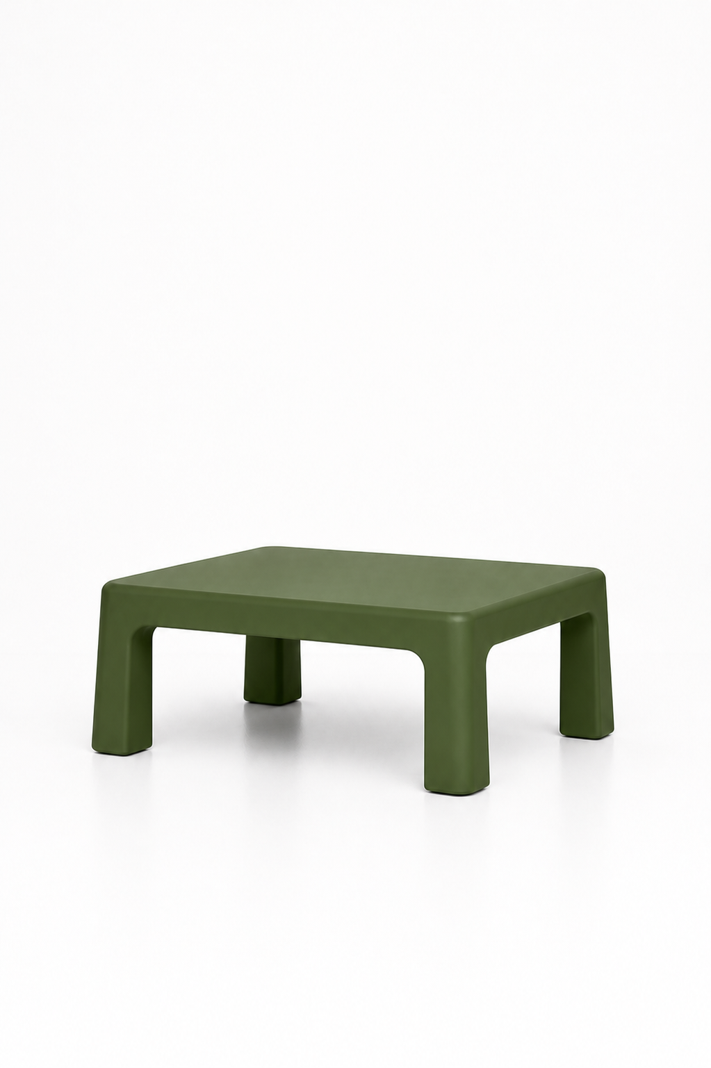 Small green plastic stool with four legs against a white background.