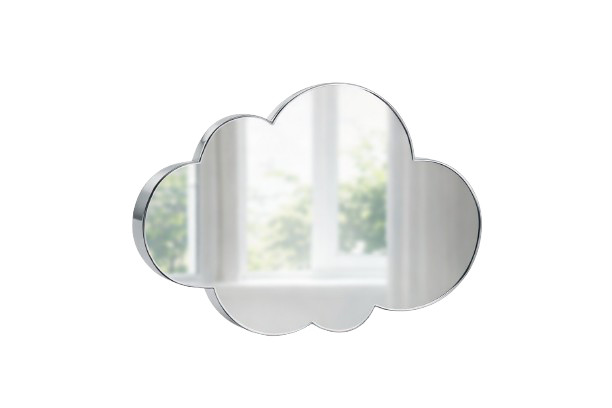 Cloud-shaped mirror reflecting a window with trees outside.