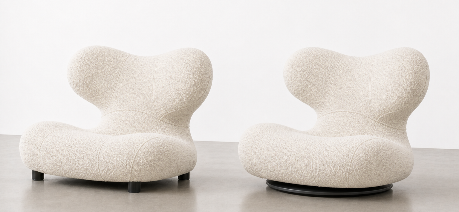 Two modern cream-colored armchairs with textured fabric upholstery, one on a flat base and the other on a round swivel base, placed on a gray floor against a white background.
