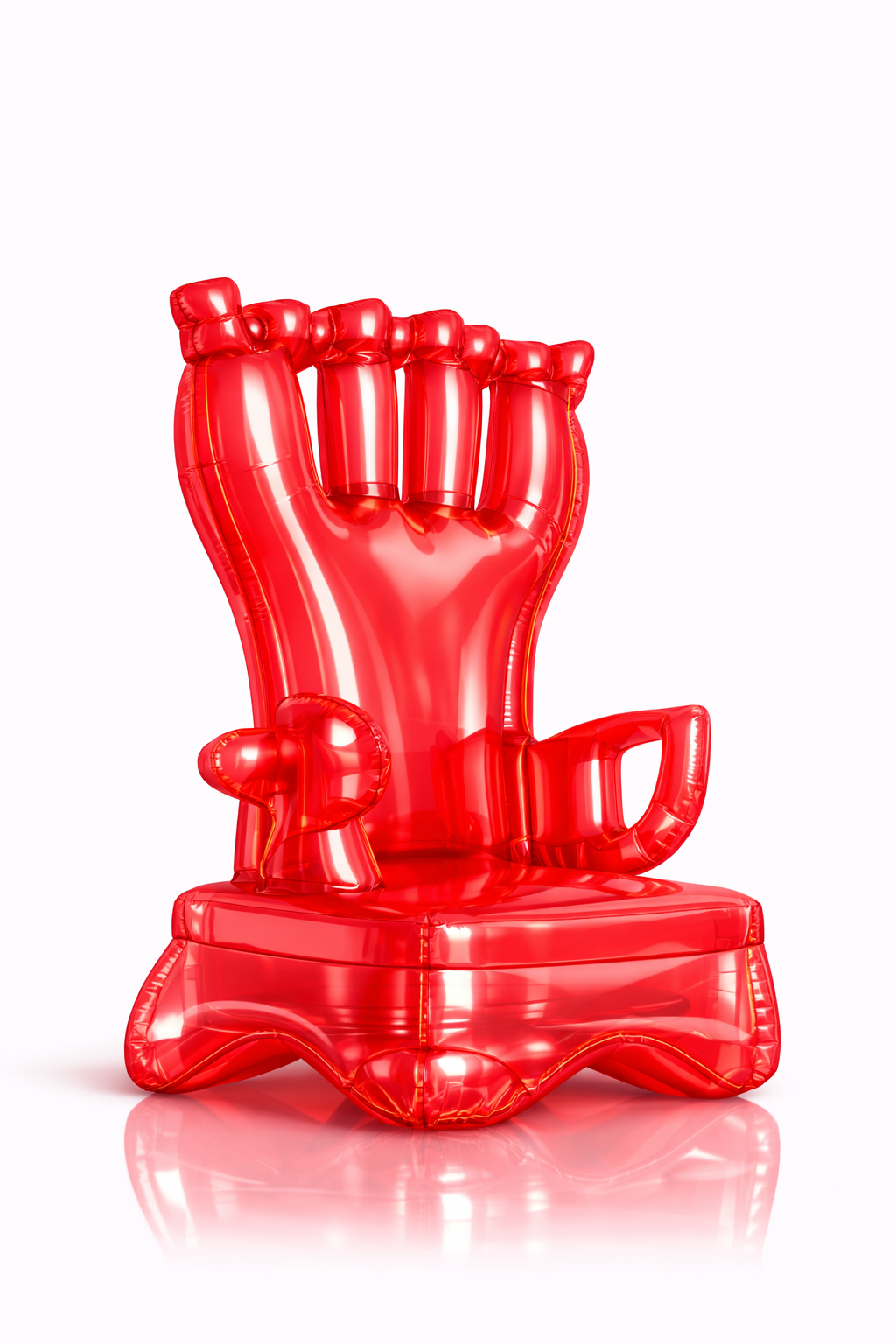 Red inflatable chair shaped like a raised fist holding a thumbs-up symbol, on a plain white background.