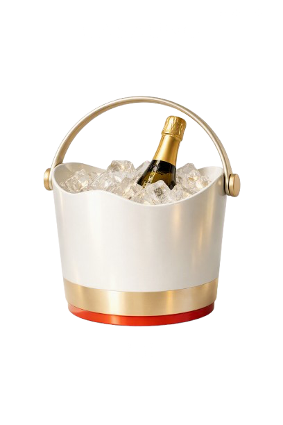 A champagne bucket filled with ice and a bottle of champagne.