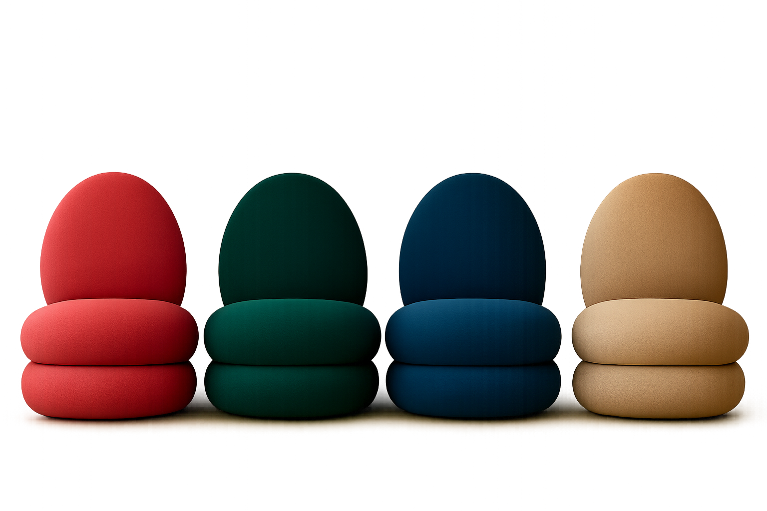 Four modern, colorful chairs with rounded backs and cushions, arranged side by side in red, green, blue, and beige, set against a plain background.