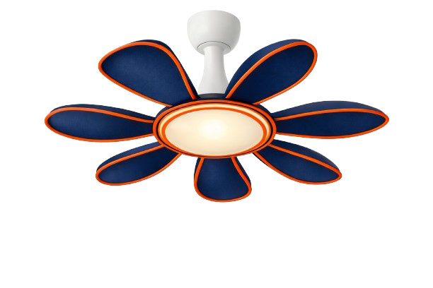 Ceiling fan with flower-shaped blades and a central light fixture.