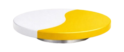 Circular object with a yellow and white color scheme, possibly a decorative item or a piece of modern art.