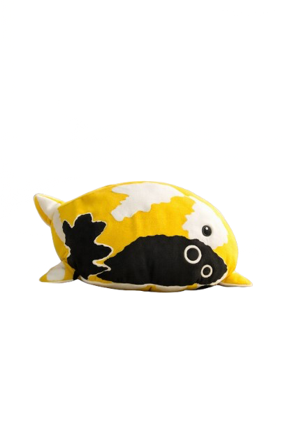 A plush fish pillow with black, white, and yellow patterns on a white background.