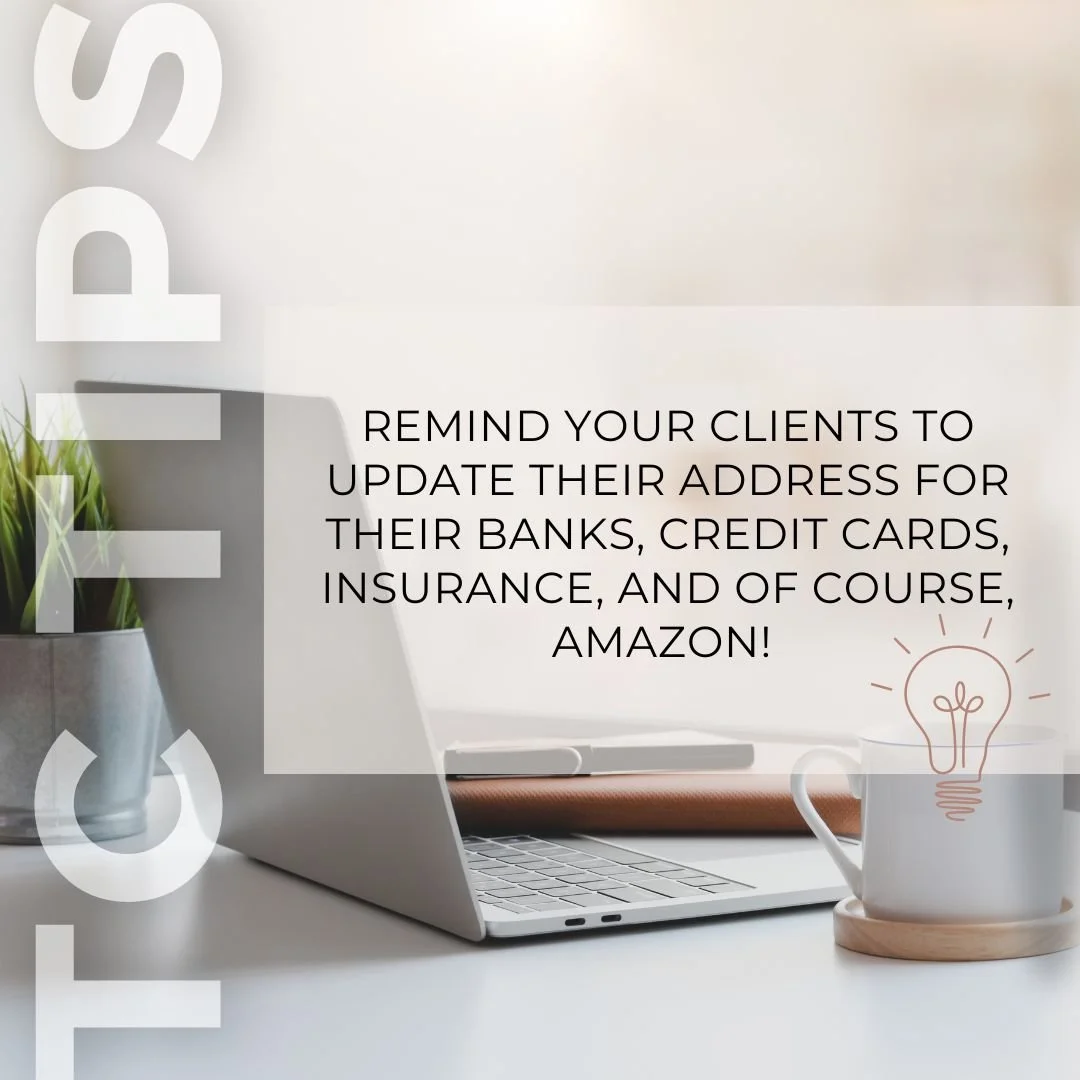 📬 Important Moving Tip! 📬 

Remind your clients to update their addresses for their banks, credit cards, insurance, and of course, Amazon! This will help ensure a seamless transition and avoid missing important mail or packages. My team at Precisio