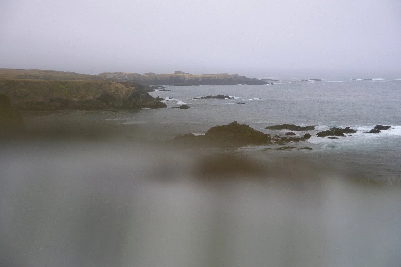 A foggy coastal scene with rocky shoreline and ocean waves.