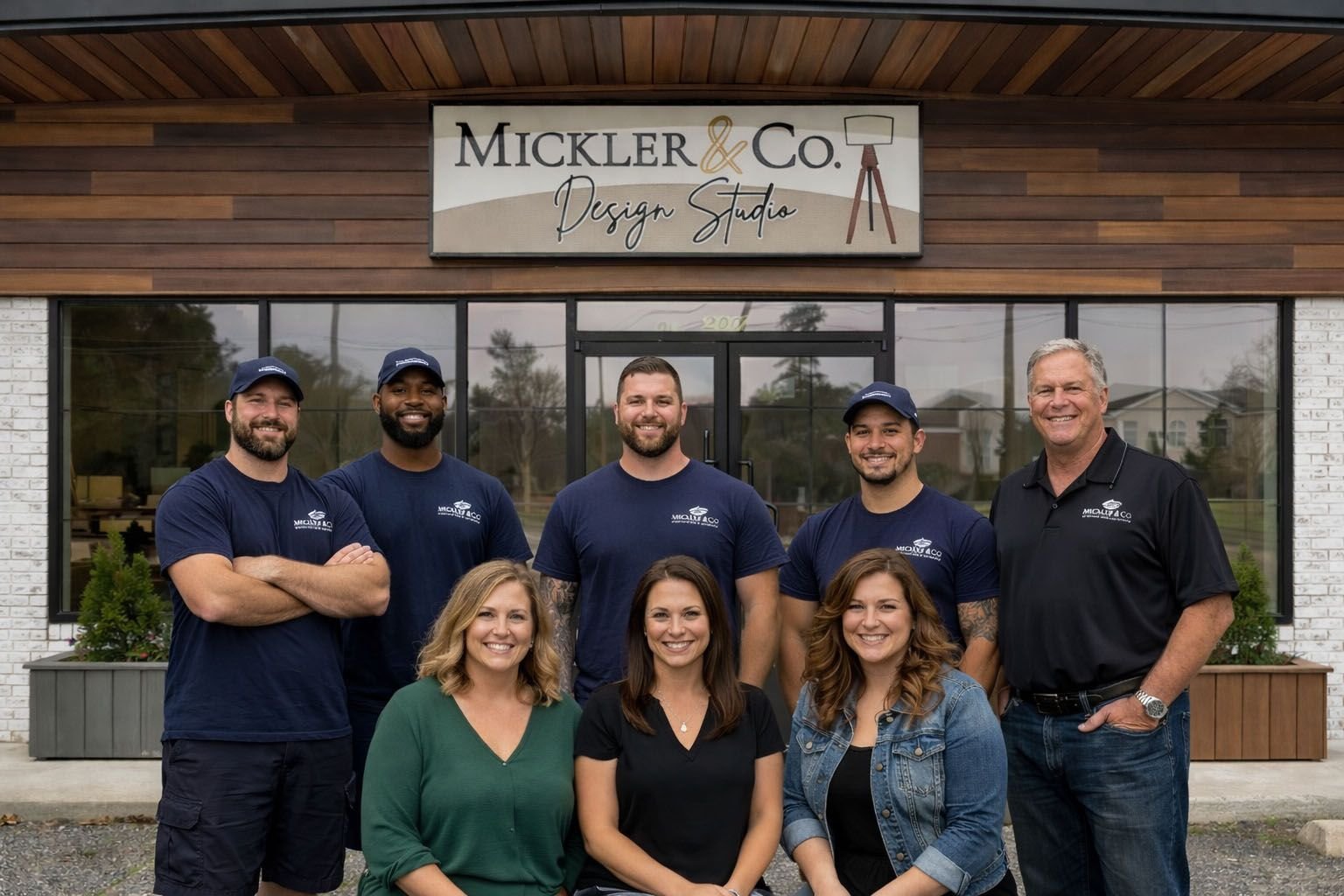 Group of eight people standing in front of a design studio building with a sign that reads 'Mickler & Co. Design Studio'. The group includes five men and three women, all smiling, with some wearing navy blue shirts and caps with a logo, and one woman in a black shirt and another in a denim jacket.